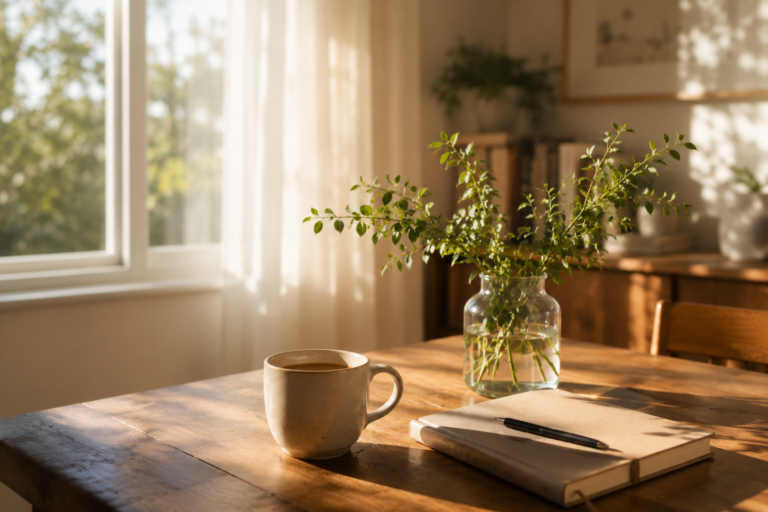 Morning sunlight through a window illuminating a wooden table with a ceramic mug and a glass vase of green branches.