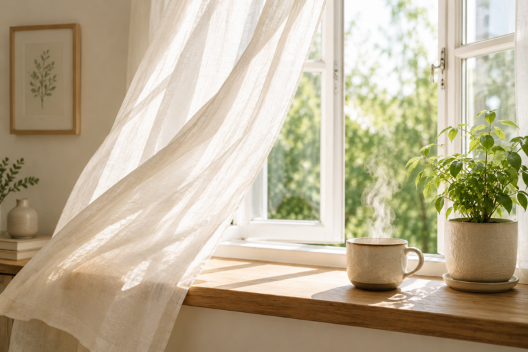 Open window with soft morning light, white linen curtains, a ceramic mug and green houseplant creating a calm, peaceful space for when everything feels too much.