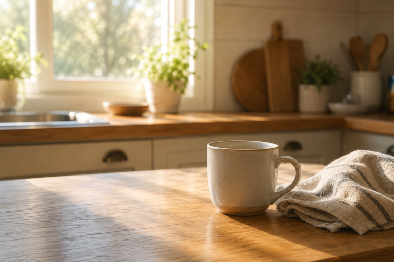 Morning light falls across a kitchen counter with a freshly washed mug beside a folded tea towel.