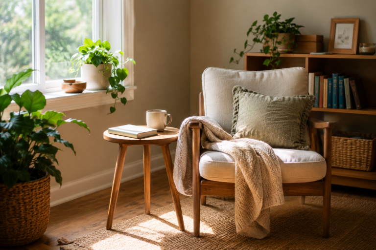 Quiet, lived-in home corner with natural light, a comfortable chair and greenery